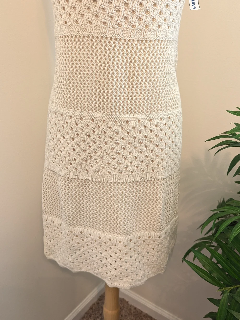 Old Navy Boho Cream Knit Crochet Halter Mini Dress Medium - Picture 7 of 12
